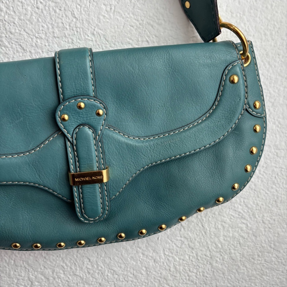 Vintage Michael Kors Teal Studded Leather Shoulder Bag Y2K - Picture 4 of 12